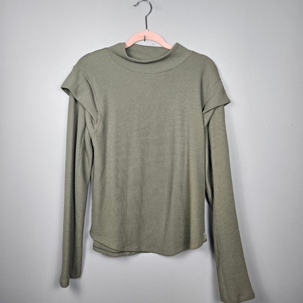 We The Free Free People Women L Twofer Thermal Turtleneck Layered Top Olive